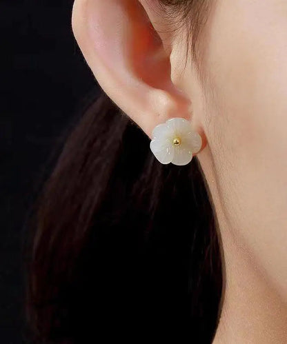 Simple White Sterling Silver Inlaid Jade Floral Stud Earrings Ada Fashion