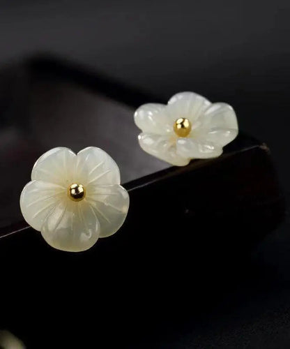 Simple White Sterling Silver Inlaid Jade Floral Stud Earrings Ada Fashion