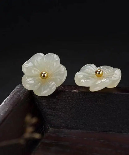 Simple White Sterling Silver Inlaid Jade Floral Stud Earrings Ada Fashion