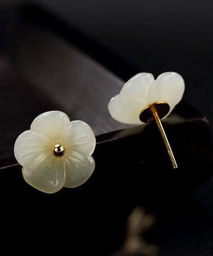 Simple White Sterling Silver Inlaid Jade Floral Stud Earrings Ada Fashion