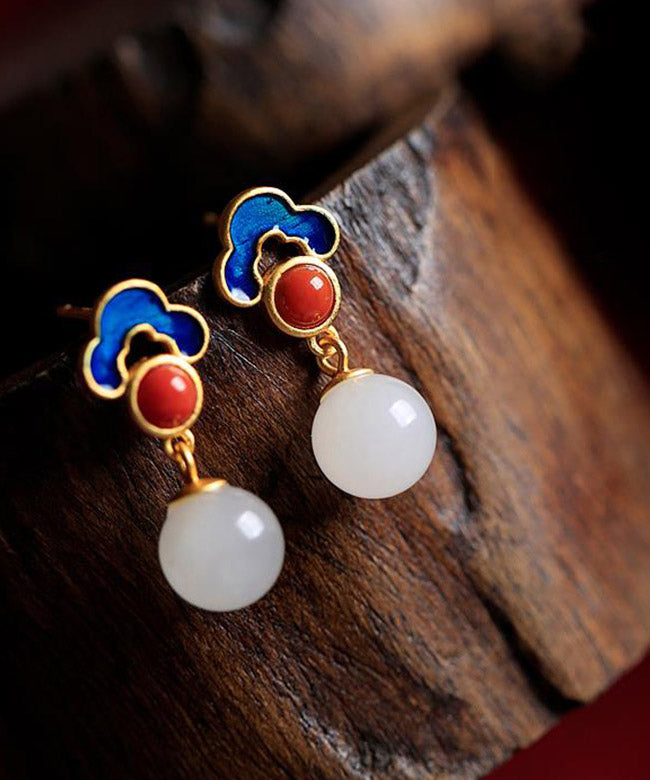 Simple White Sterling Silver Inlaid Set Gem Jade Agate Drop Earrings LY2209 - fabuloryshop