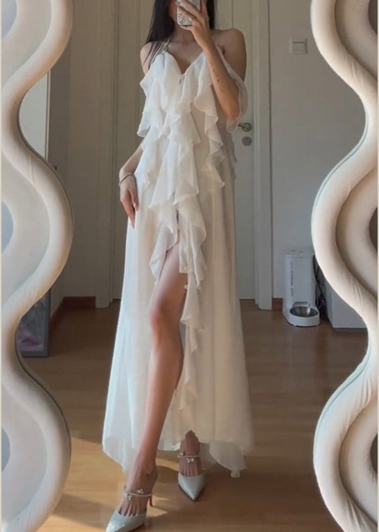 Simple White V Neck Asymmetrical Lace Holiday Long Slip Dress Sleeveless LY2697 - fabuloryshop