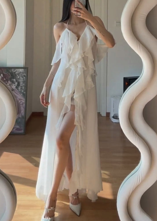 Simple White V Neck Asymmetrical Lace Holiday Long Slip Dress Sleeveless LY2697 - fabuloryshop