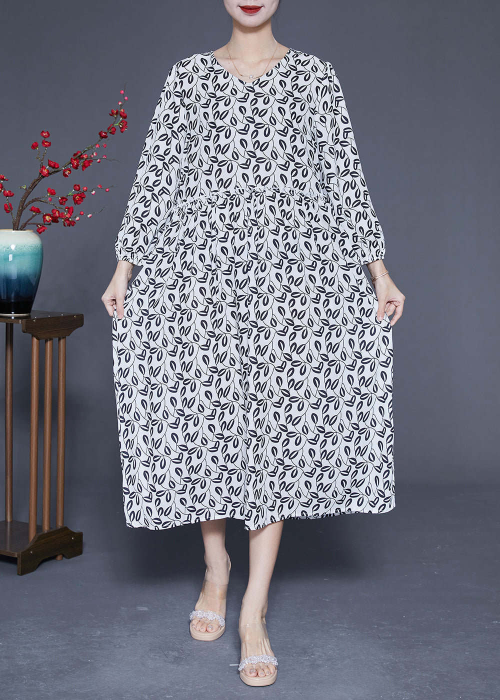 Simple White V Neck Oversized Print Chiffon Long Dresses Spring LY1849 - fabuloryshop