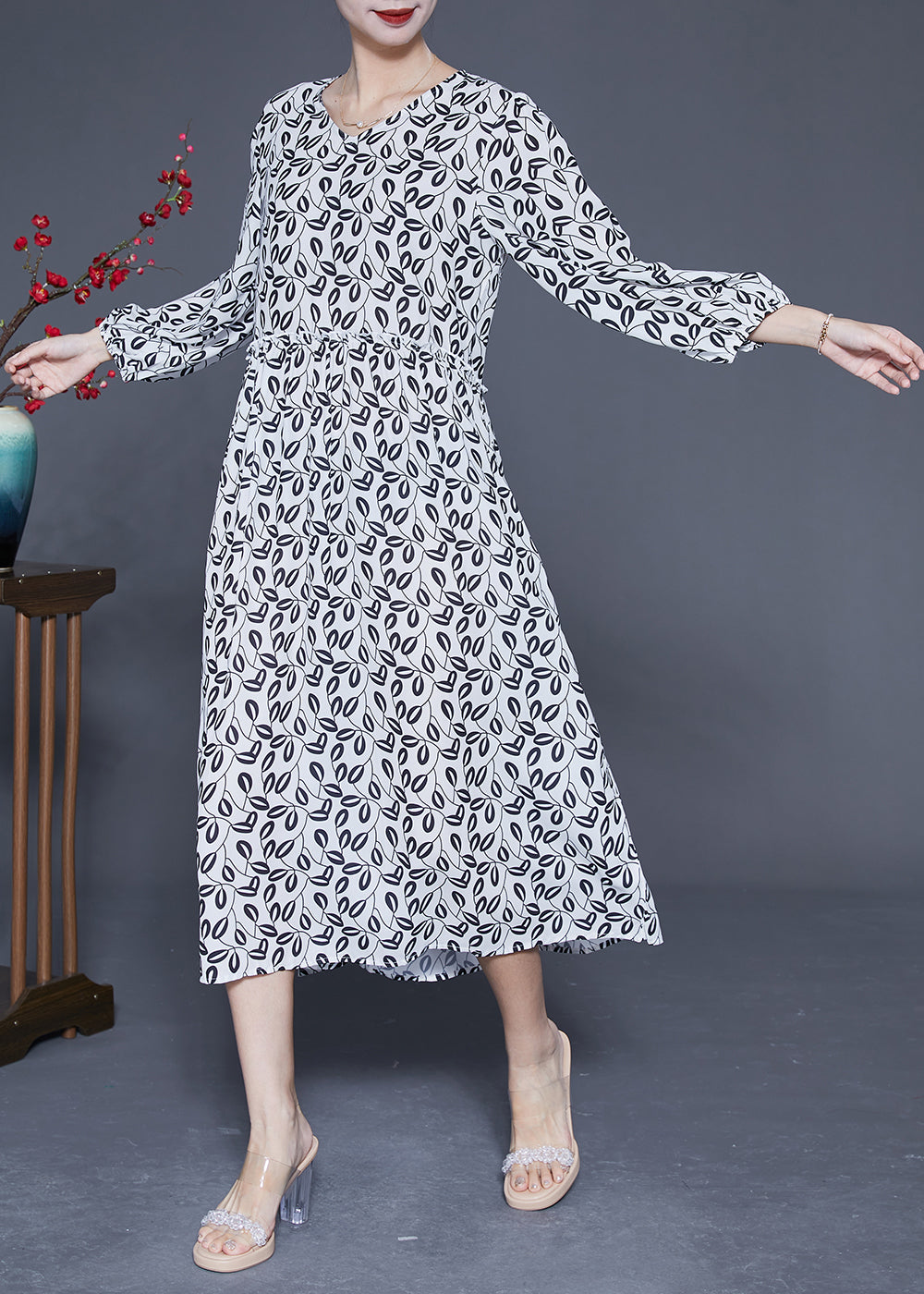 Simple White V Neck Oversized Print Chiffon Long Dresses Spring LY1849 - fabuloryshop