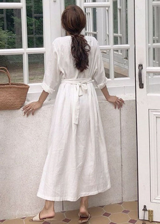 Simple White V Neck Tie Waist Patchwork Cotton Dress Spring LC0449 - fabuloryshop