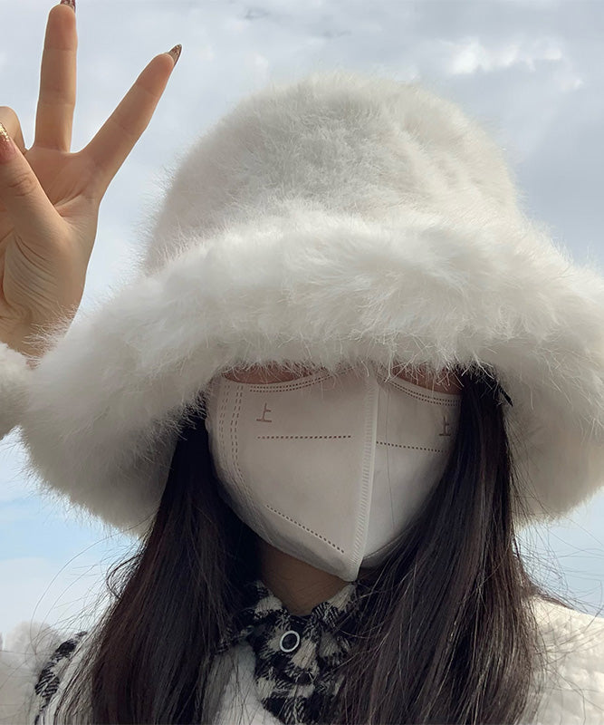 Simple White Warm Fleece Thick Solid Bucket Hat LY509