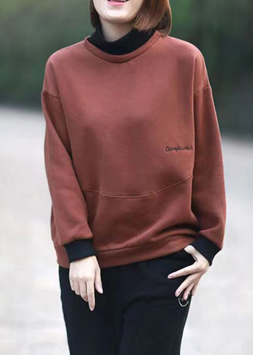 Simple Wine Red Turtleneck Patchwork Warm Fleece Sweatshirt Fall Ada Fashion