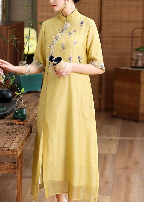 Simple Yellow Embroideried Patchwork Button Silk Dress Summer LY1685 - fabuloryshop