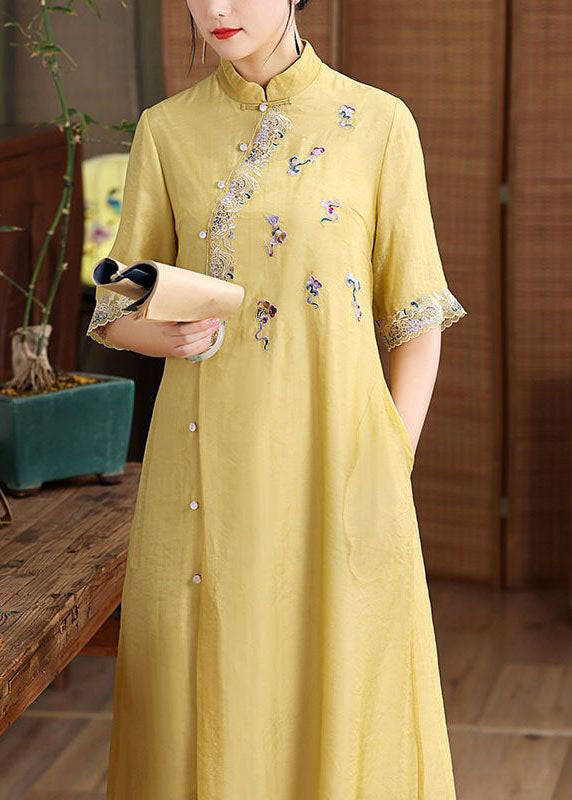 Simple Yellow Embroideried Patchwork Button Silk Dress Summer LY1685 - fabuloryshop