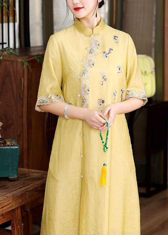 Simple Yellow Embroideried Patchwork Button Silk Dress Summer LY1685 - fabuloryshop