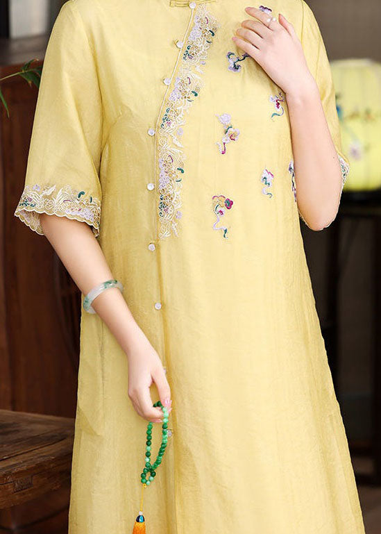 Simple Yellow Embroideried Patchwork Button Silk Dress Summer LY1685 - fabuloryshop