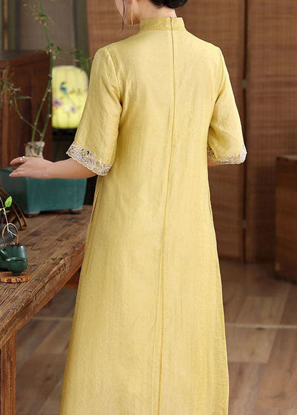 Simple Yellow Embroideried Patchwork Button Silk Dress Summer LY1685 - fabuloryshop