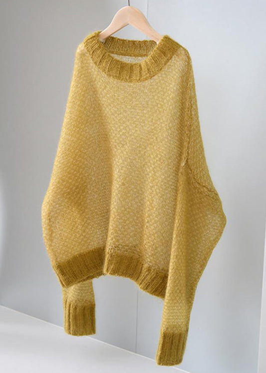 Simple Yellow O Neck Hollow Out Thin Cashmere Knit Top Fall Ada Fashion