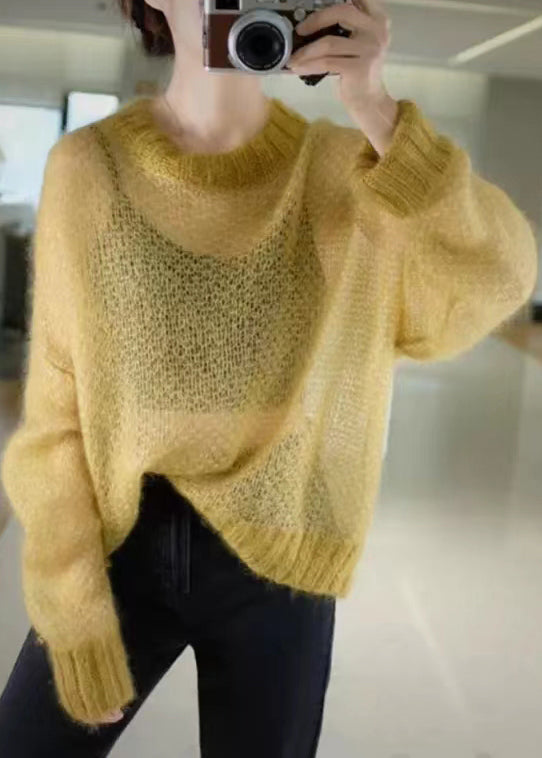 Simple Yellow O Neck Hollow Out Thin Cashmere Knit Top Fall Ada Fashion