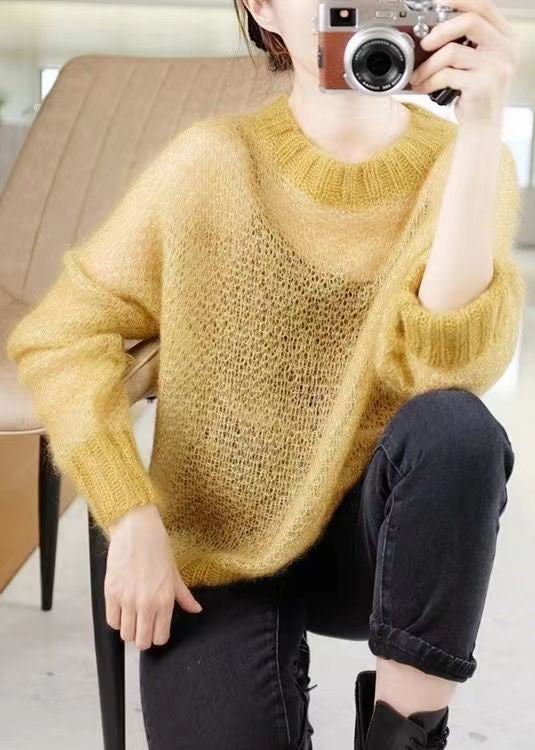 Simple Yellow O Neck Hollow Out Thin Cashmere Knit Top Fall Ada Fashion