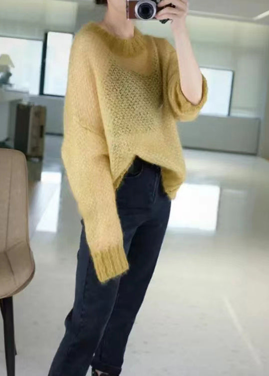 Simple Yellow O Neck Hollow Out Thin Cashmere Knit Top Fall Ada Fashion