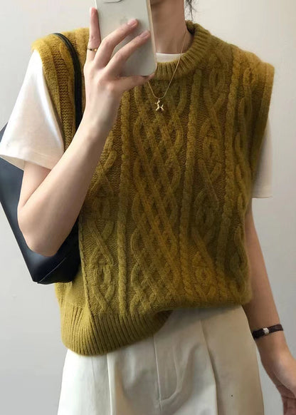 Simple Yellow O Neck Patchwork Cable Knit Waistcoat Sleeveless Ada Fashion