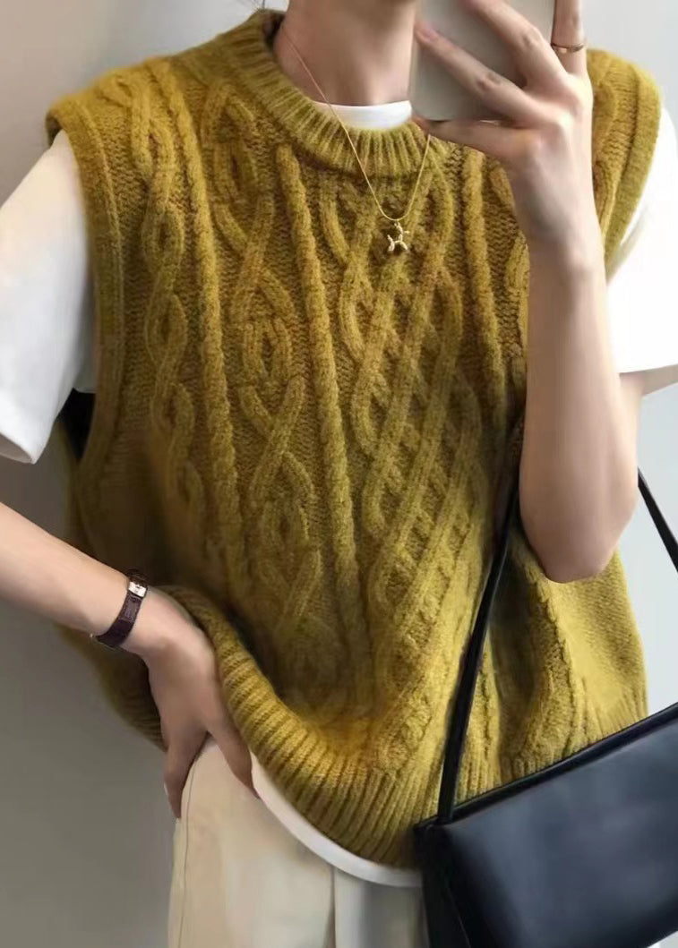 Simple Yellow O Neck Patchwork Cable Knit Waistcoat Sleeveless Ada Fashion