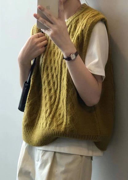 Simple Yellow O Neck Patchwork Cable Knit Waistcoat Sleeveless Ada Fashion