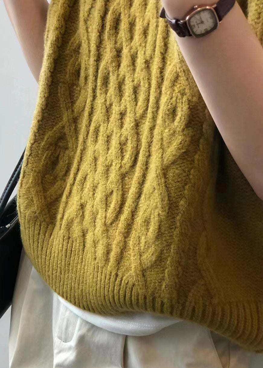 Simple Yellow O Neck Patchwork Cable Knit Waistcoat Sleeveless Ada Fashion