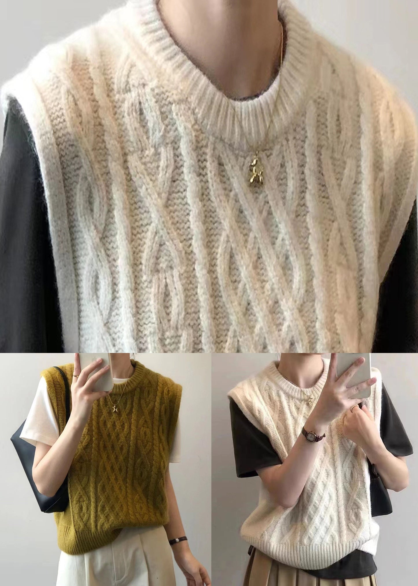 Simple Yellow O Neck Patchwork Cable Knit Waistcoat Sleeveless Ada Fashion