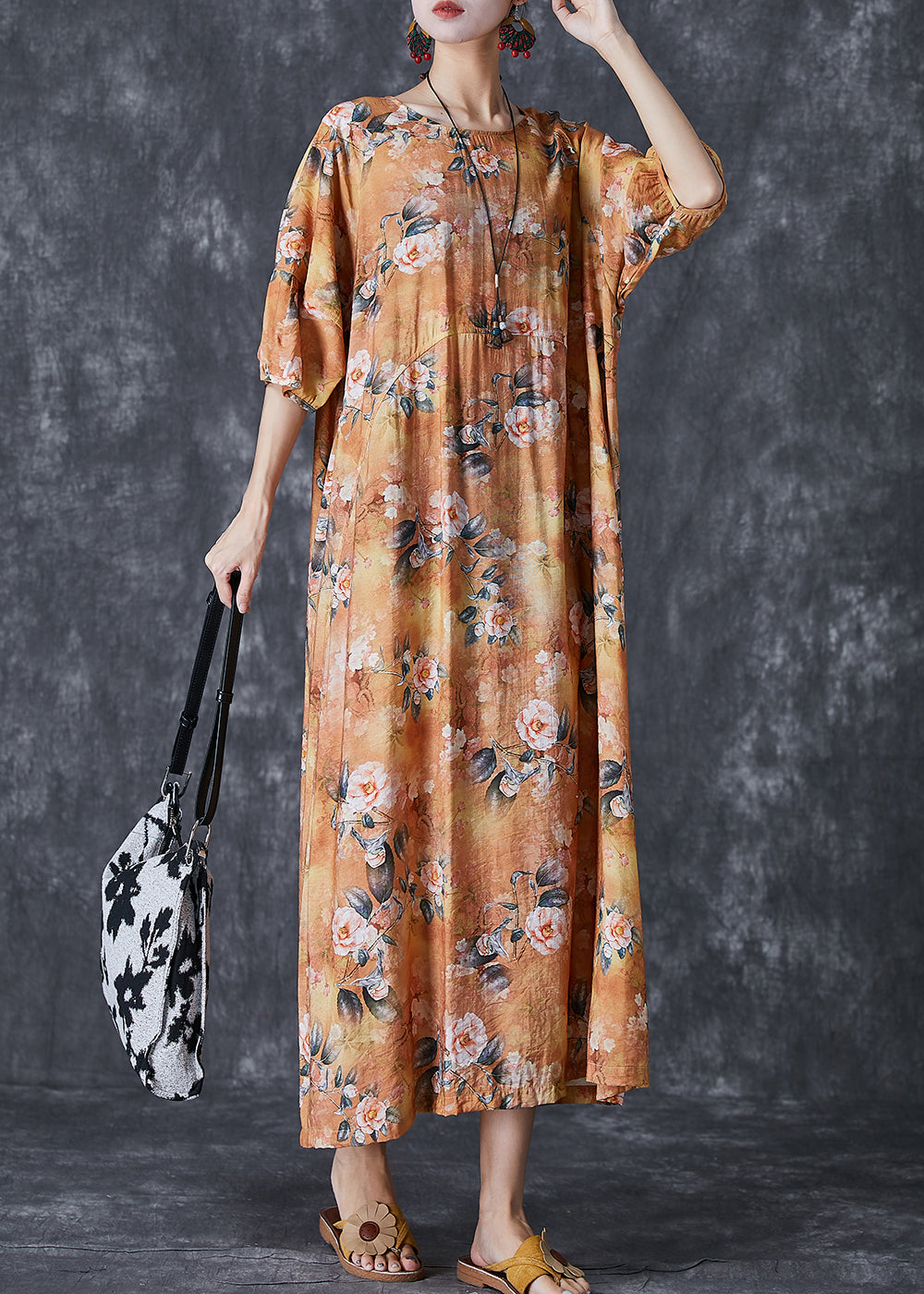 Simple Yellow Print Cotton Beach Dresses Lantern Sleeve TD1015 - fabuloryshop