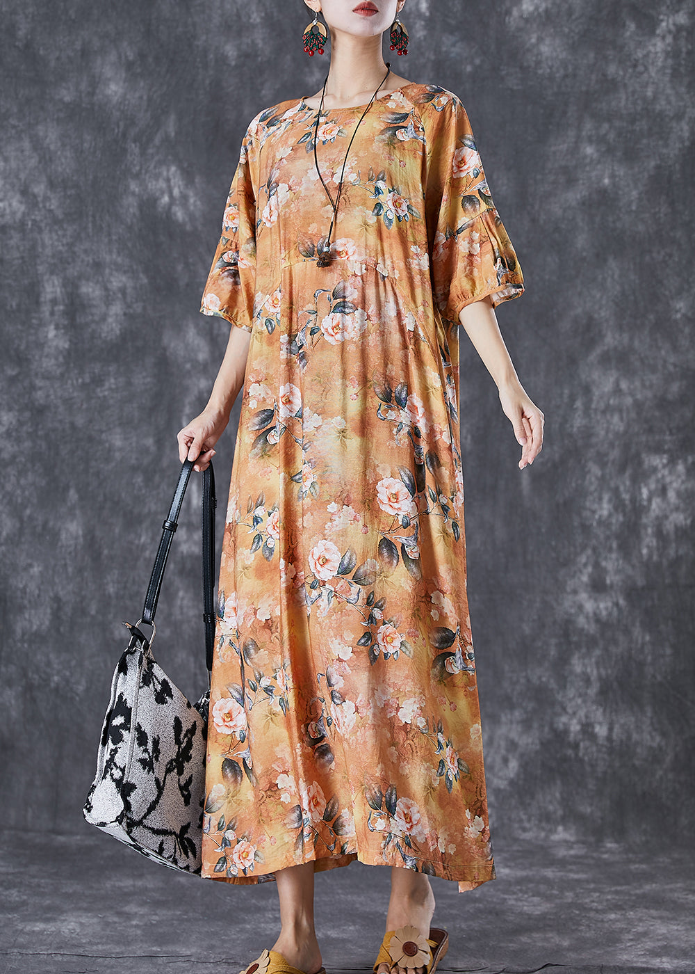 Simple Yellow Print Cotton Beach Dresses Lantern Sleeve TD1015 - fabuloryshop