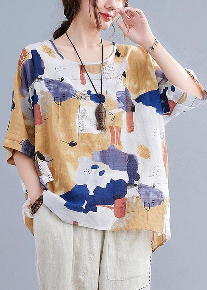 Yellow Print Cotton Linen Tops - fabuloryshop