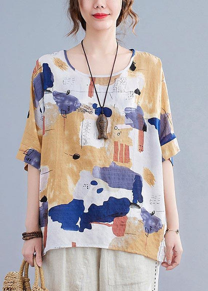 Yellow Print Cotton Linen Tops - fabuloryshop