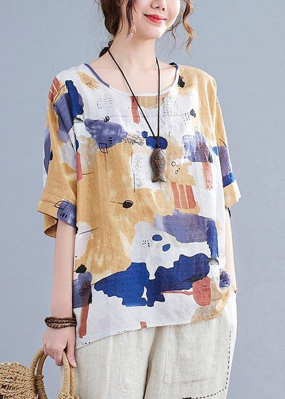 Yellow Print Cotton Linen Tops - fabuloryshop