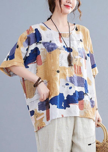 Yellow Print Cotton Linen Tops - fabuloryshop