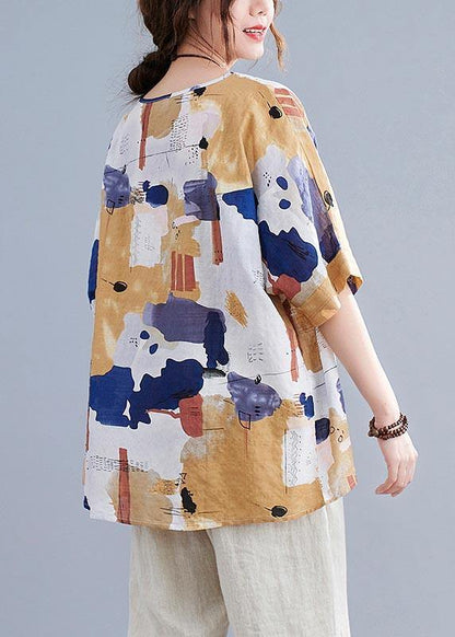 Yellow Print Cotton Linen Tops - fabuloryshop