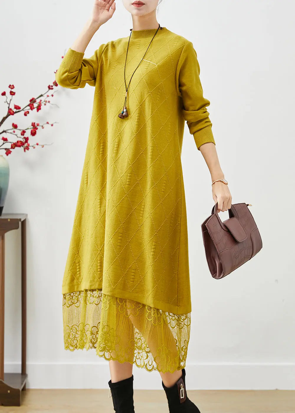 Simple Yellow Stand Collar Lace Patchwork Knit Long Dress Fall Ada Fashion