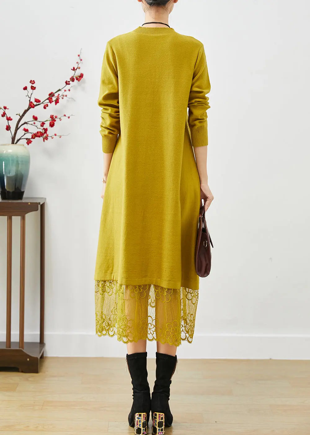 Simple Yellow Stand Collar Lace Patchwork Knit Long Dress Fall Ada Fashion