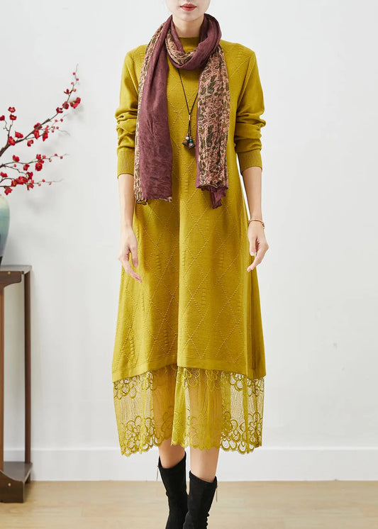 Simple Yellow Stand Collar Lace Patchwork Knit Long Dress Fall Ada Fashion