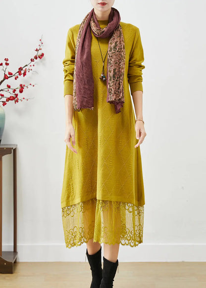 Simple Yellow Stand Collar Lace Patchwork Knit Long Dress Fall Ada Fashion