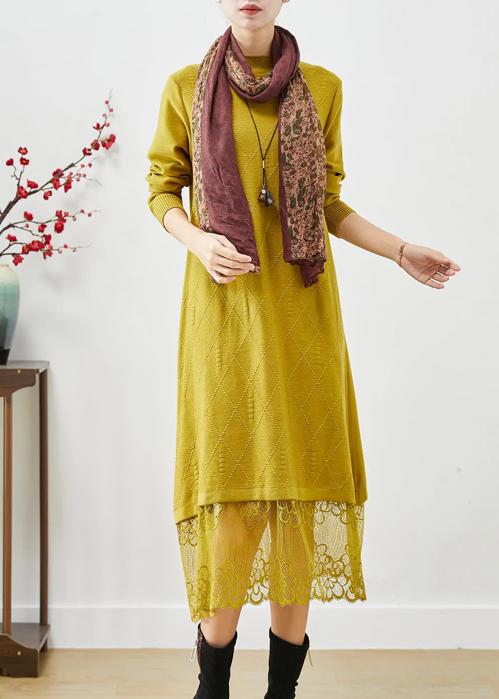 Simple Yellow Stand Collar Lace Patchwork Knit Long Dress Fall Ada Fashion