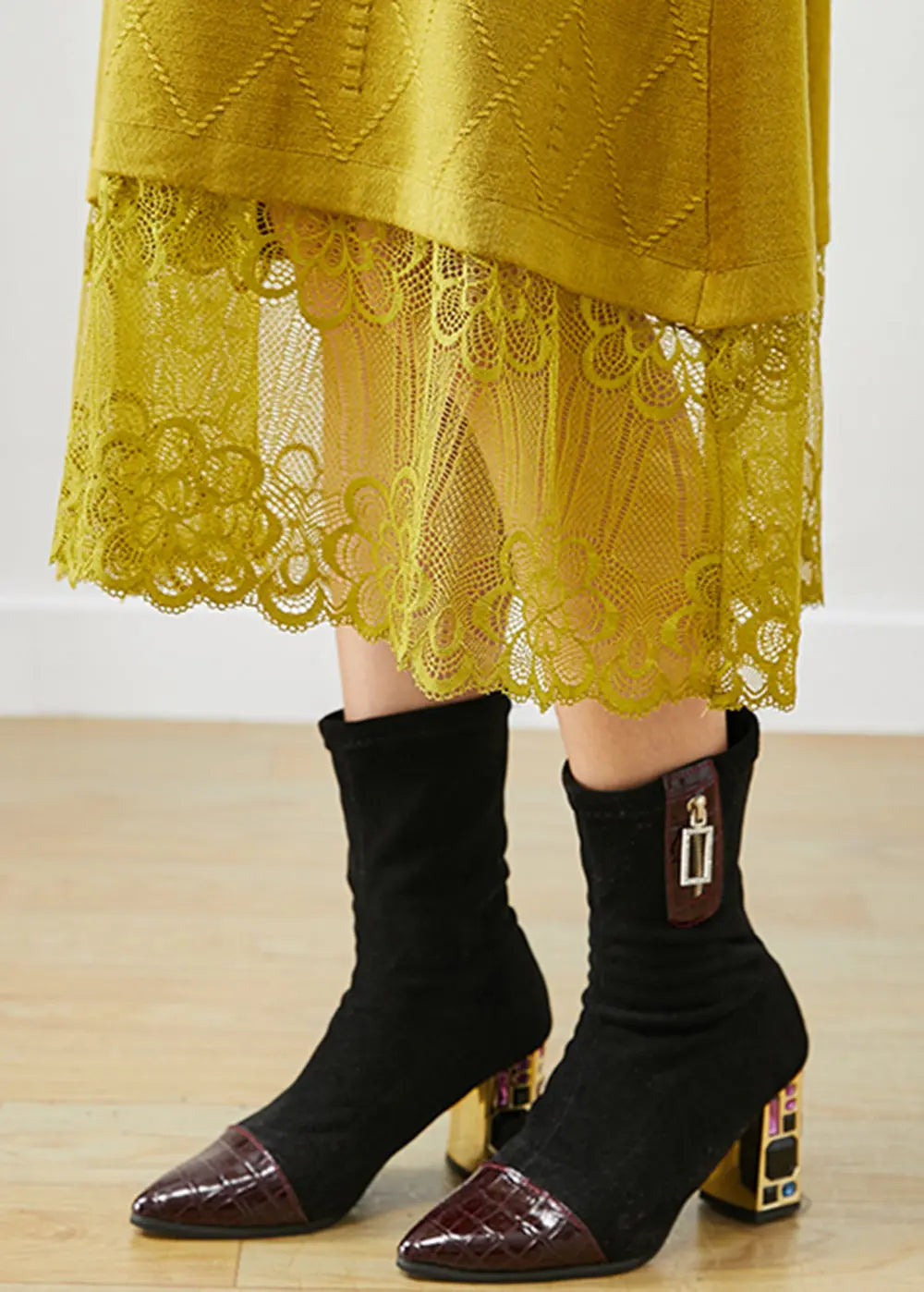 Simple Yellow Stand Collar Lace Patchwork Knit Long Dress Fall Ada Fashion