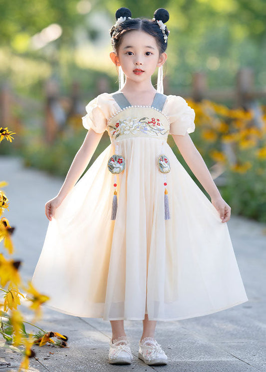 Simple Yellow Tasseled Embroideried Nail Bead Patchwork Baby Girls Dress Summer Ada Fashion