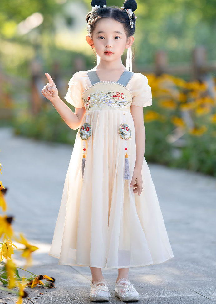 Simple Yellow Tasseled Embroideried Nail Bead Patchwork Baby Girls Dress Summer Ada Fashion