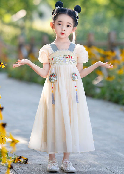 Simple Yellow Tasseled Embroideried Nail Bead Patchwork Baby Girls Dress Summer Ada Fashion