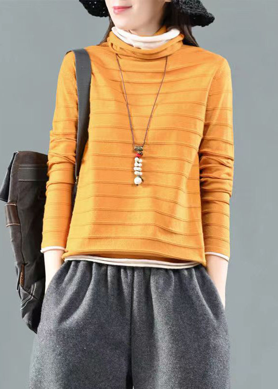 Simple Yellow Turtleneck Patchwork False Two Pieces Knitting Cotton Fall Ada Fashion