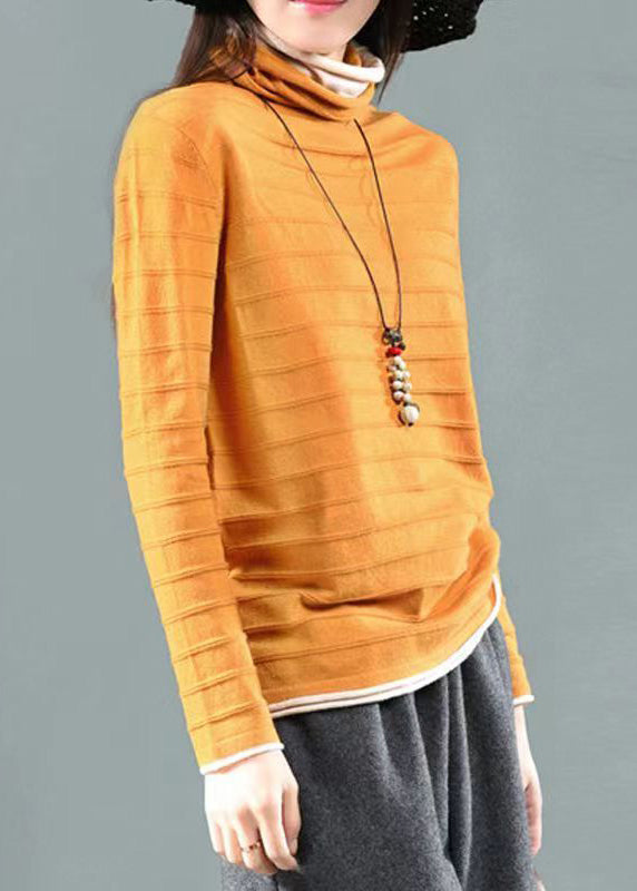 Simple Yellow Turtleneck Patchwork False Two Pieces Knitting Cotton Fall Ada Fashion