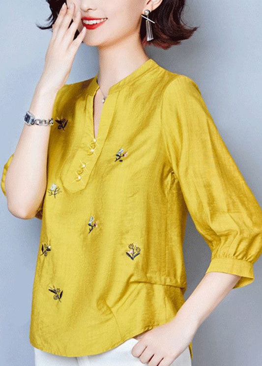 Simple Yellow V Neck Embroideried Patchwork Cotton Tops Summer LY1471 - fabuloryshop