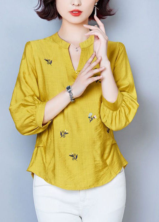 Simple Yellow V Neck Embroideried Patchwork Cotton Tops Summer LY1471 - fabuloryshop