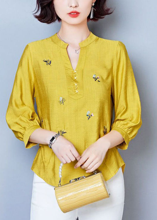 Simple Yellow V Neck Embroideried Patchwork Cotton Tops Summer LY1471 - fabuloryshop