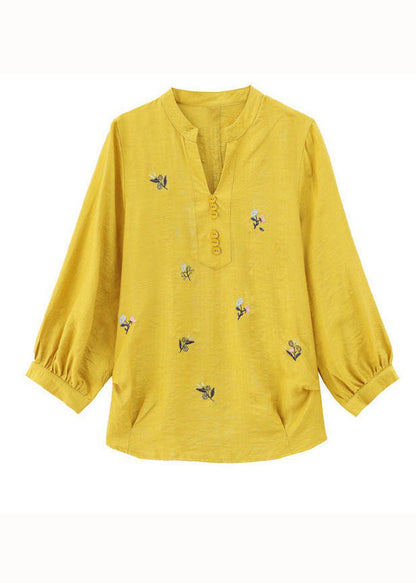 Simple Yellow V Neck Embroideried Patchwork Cotton Tops Summer LY1471 - fabuloryshop