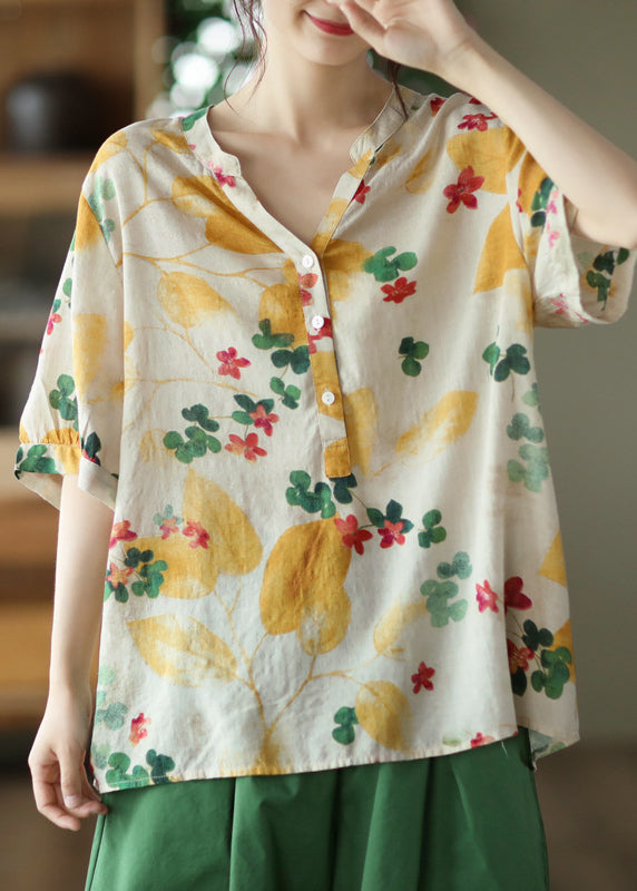 Simple Yellow V Neck Print Cotton Top Half Sleeve LY2855 - fabuloryshop