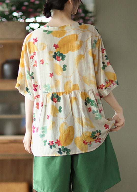 Simple Yellow V Neck Print Cotton Top Half Sleeve LY2855 - fabuloryshop